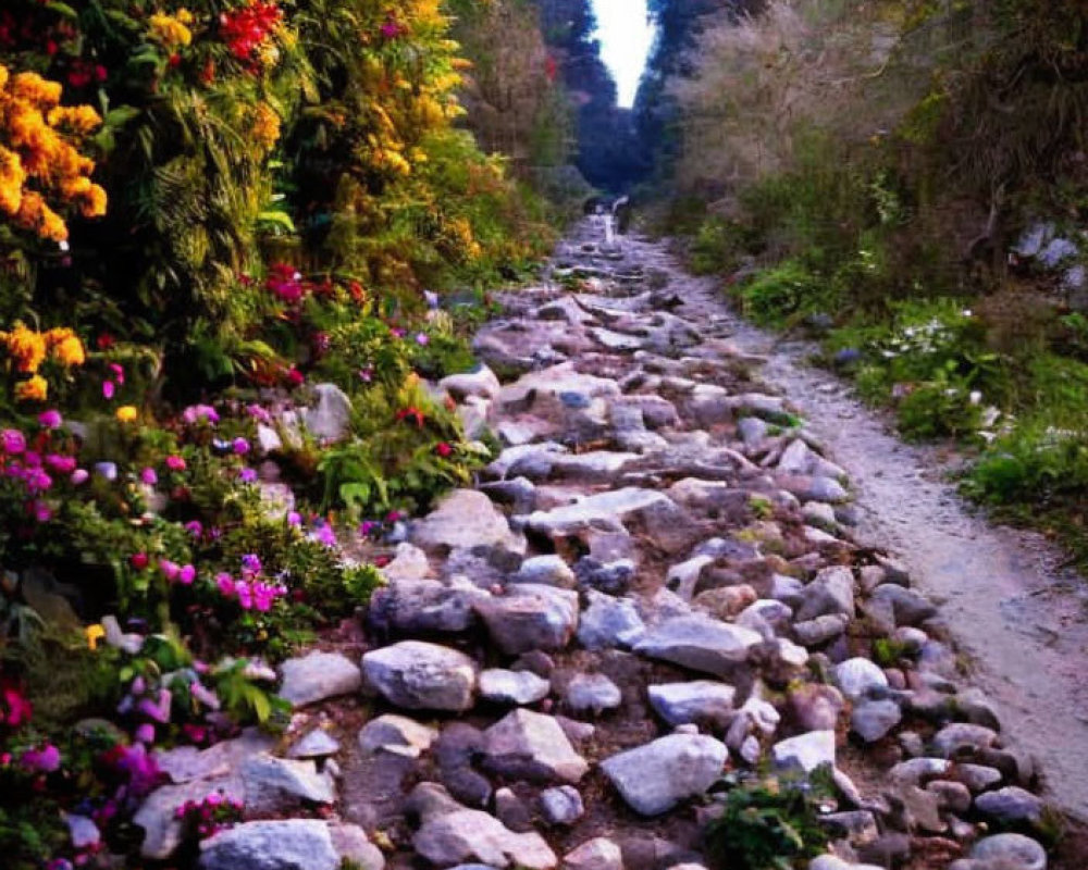 Scenic rocky path with vibrant flowers and lush greenery in colorful garden
