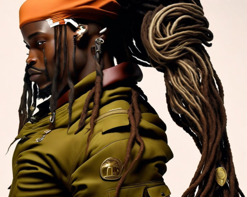 Long dreadlocks person in brown hat and olive jacket with gold buttons on beige backdrop