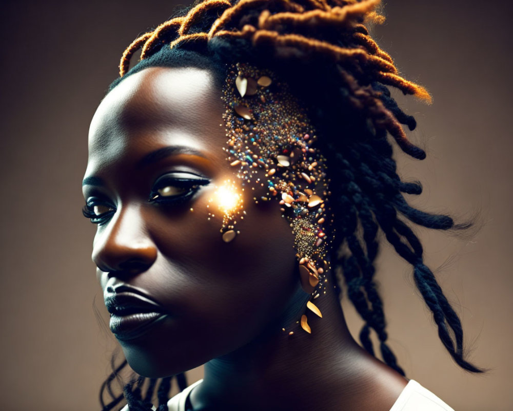 Woman's portrait with golden particles and intense gaze