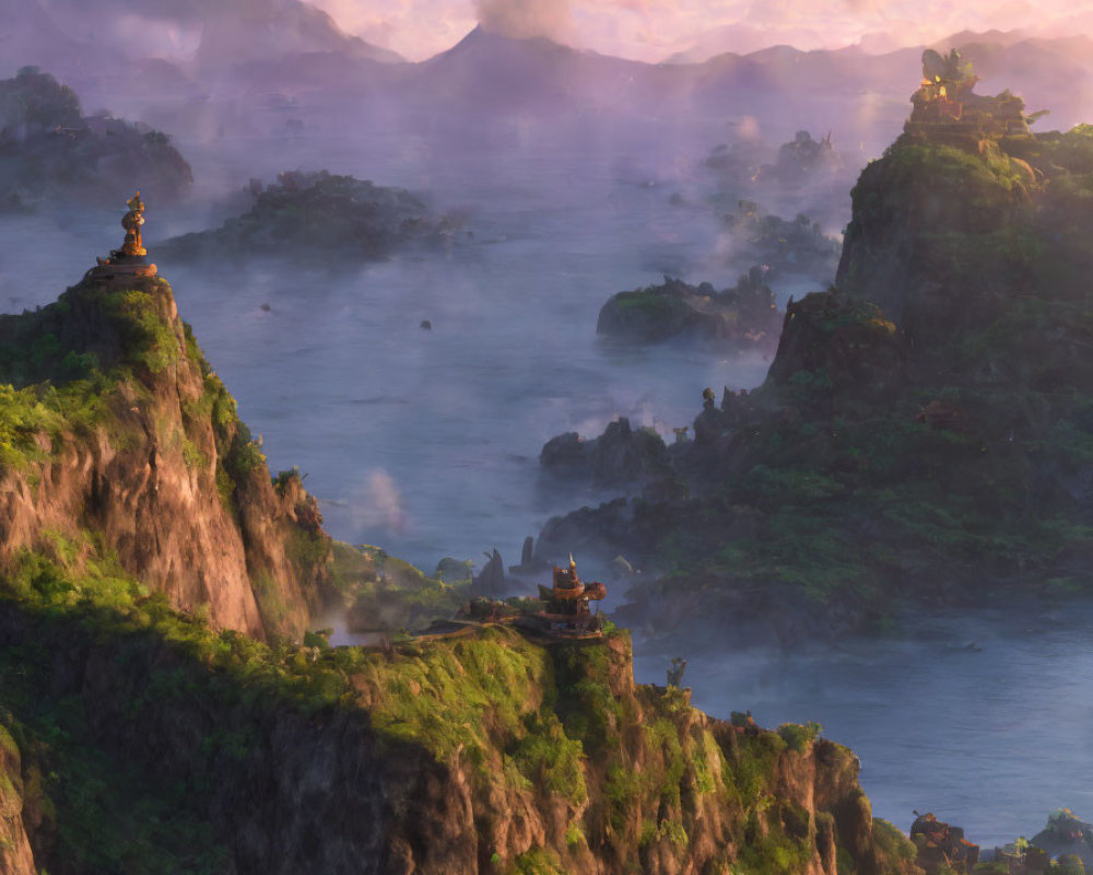 Mist-covered mountains at sunrise with traditional temples on rugged cliffs