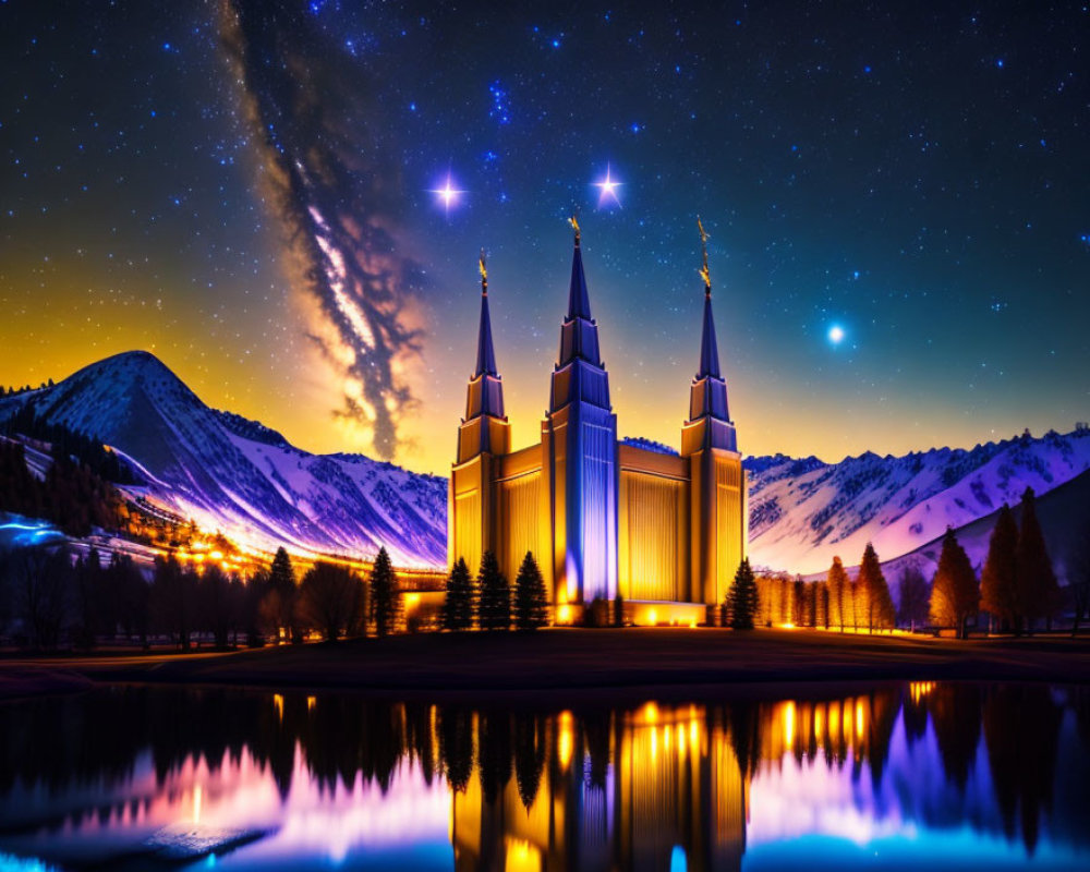 Majestic illuminated building with spires reflected in tranquil water