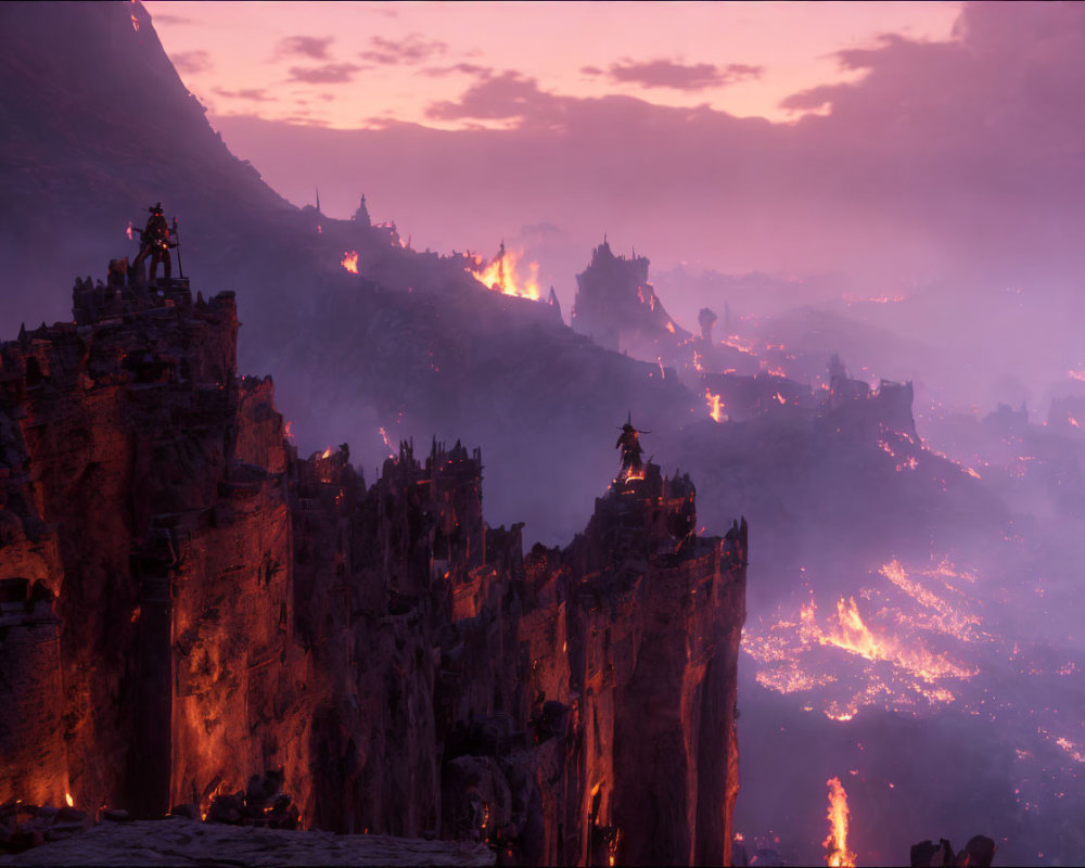 Dramatic Dusk Landscape with Silhouetted Fortifications and Ruins