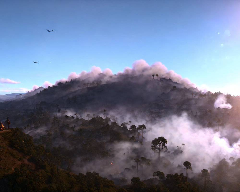 Tranquil Sunrise Landscape with Misty Forest Hill & Birds in Flight