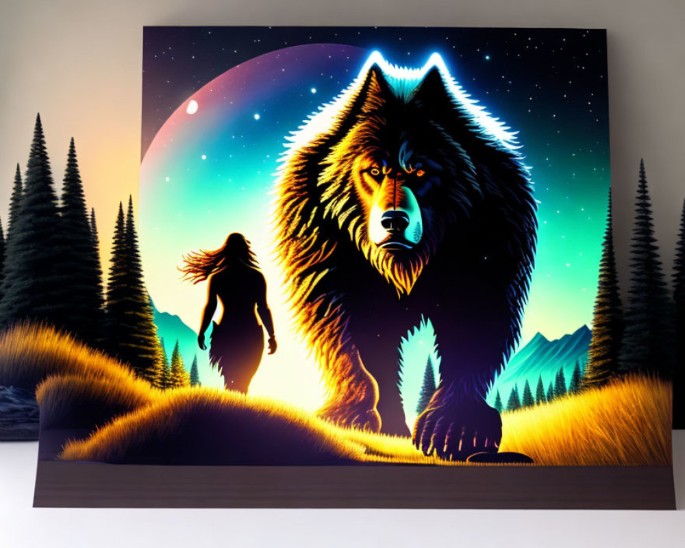 Colorful Wolf and Person Silhouette Wall Art in Twilight Forest