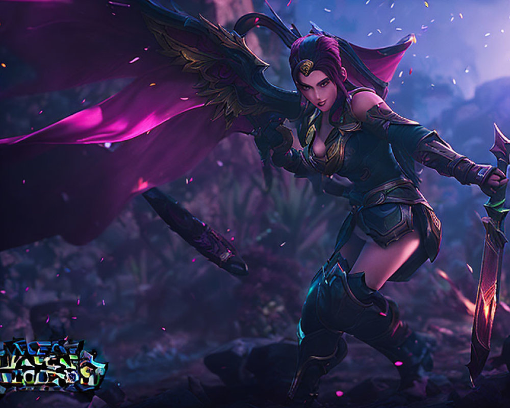 Fantasy warrior woman with wings in green armor wields sword