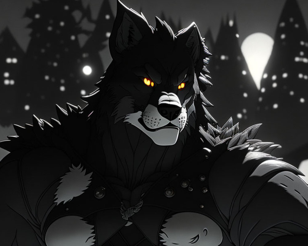 Monochrome anthropomorphic wolf creature with glowing eyes and medallion in night forest