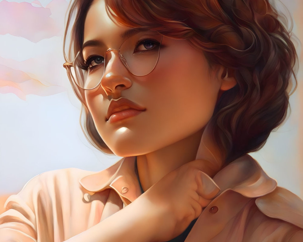 Digital artwork: Young woman with wavy hair and glasses in pink shirt over teal top gazes thought