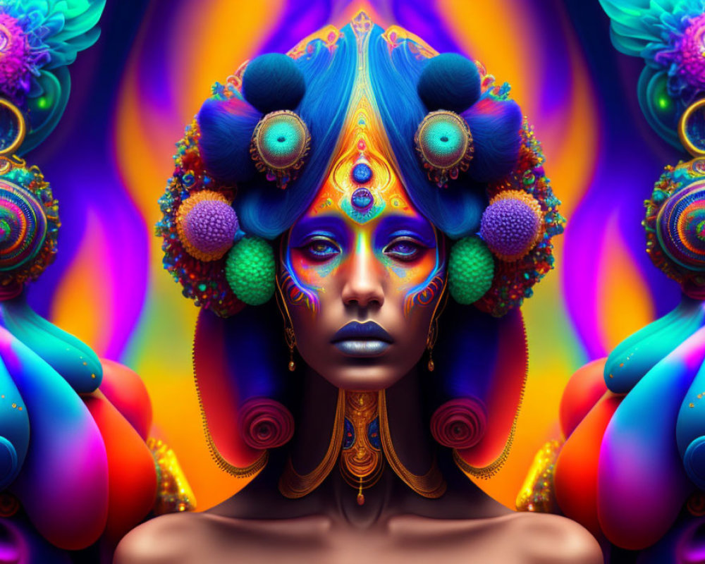 Colorful digital artwork featuring woman with peacock feather-inspired makeup