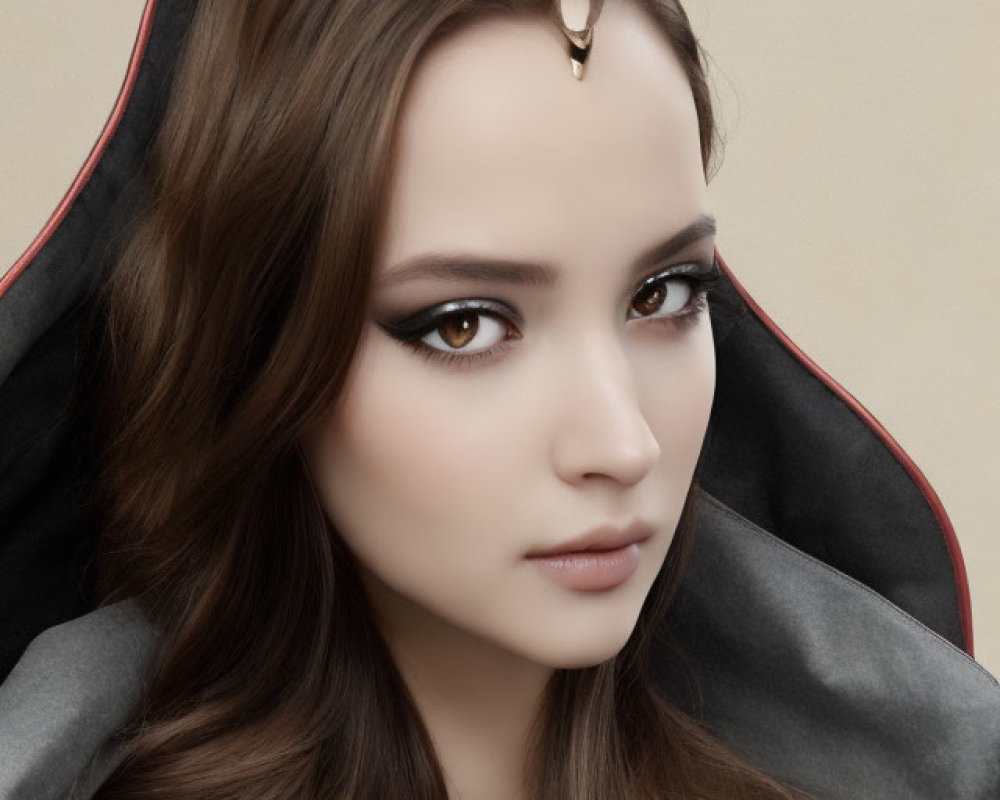 Portrait of woman with headpiece, dramatic makeup, dark wavy hair, and hood, displaying serene