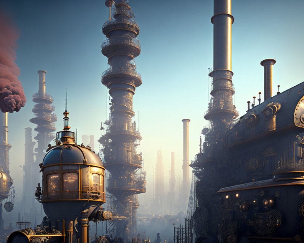 Industrial landscape with smokestacks, pipelines, and steampunk architecture at dusk