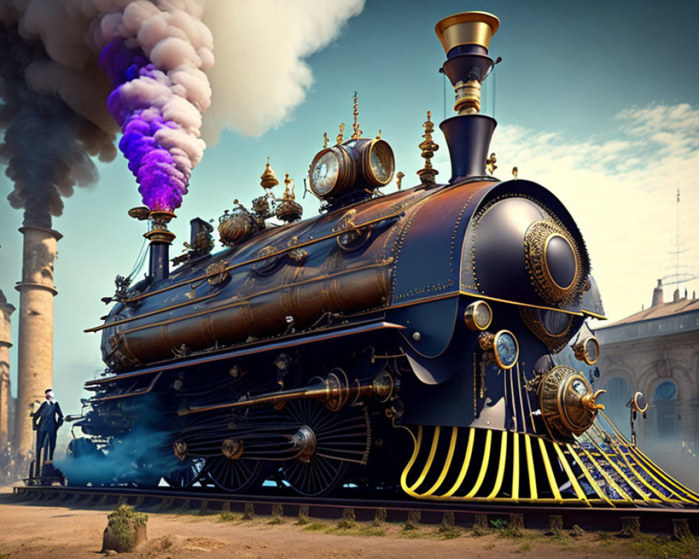 Vintage steam locomotive emitting purple smoke with golden accents in historical industrial setting