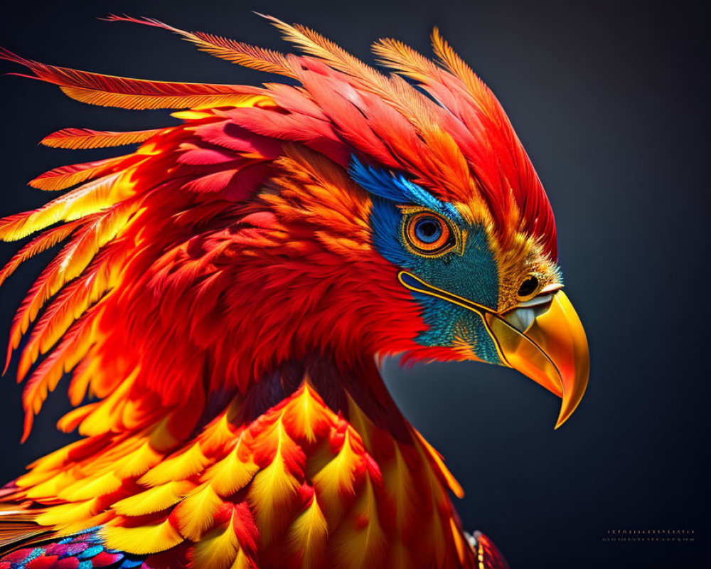 Colorful Bird with Red, Orange, and Blue Feathers and Sharp Beak