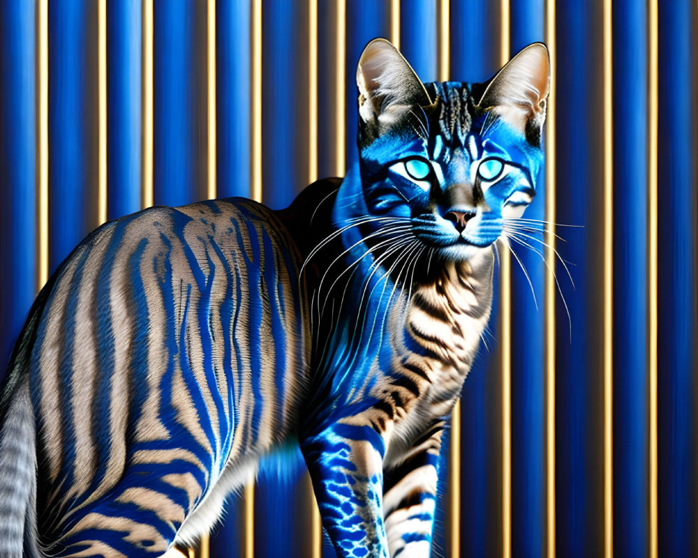 Blue and Black Striped Cat Art on Blue Background