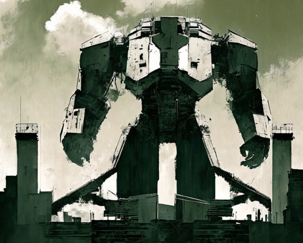 Giant battle-worn mech in post-apocalyptic setting