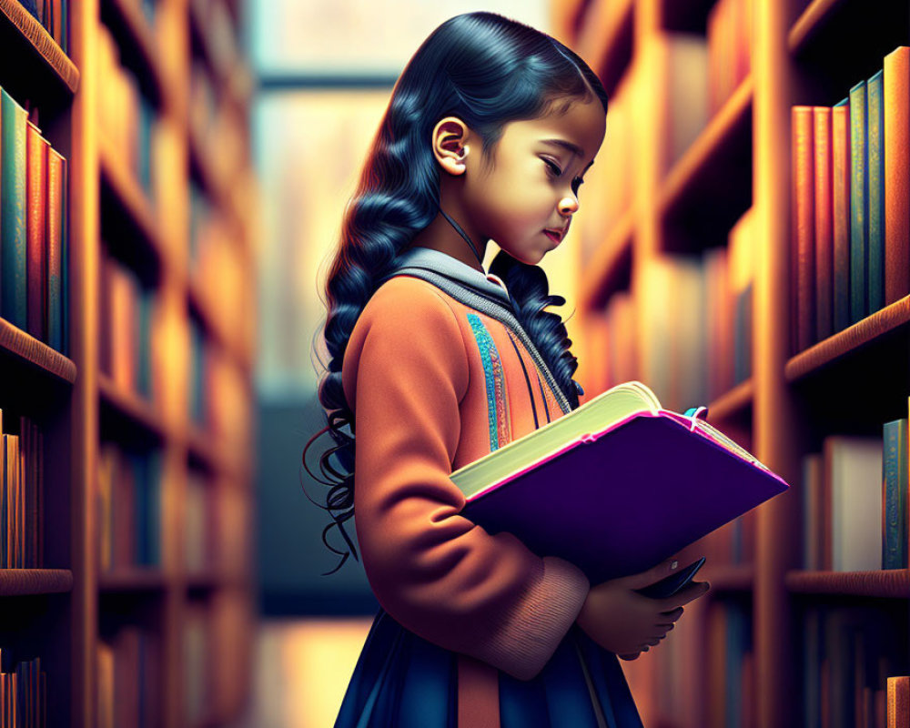 Young girl with braided hair reading book in library with tall shelves