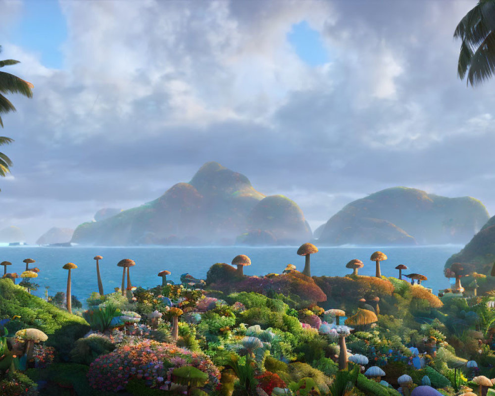 Lush Greenery, Towering Mushrooms, Misty Mountains in Tropical Landscape
