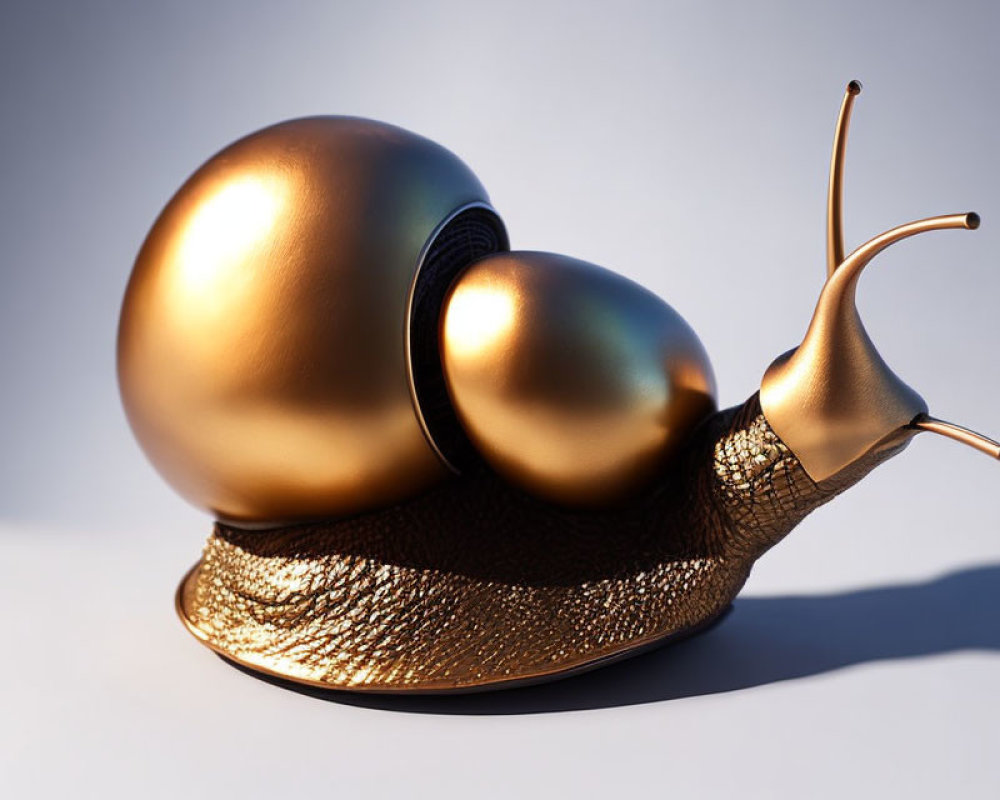 Golden snail sculpture with glossy finish on gradient background