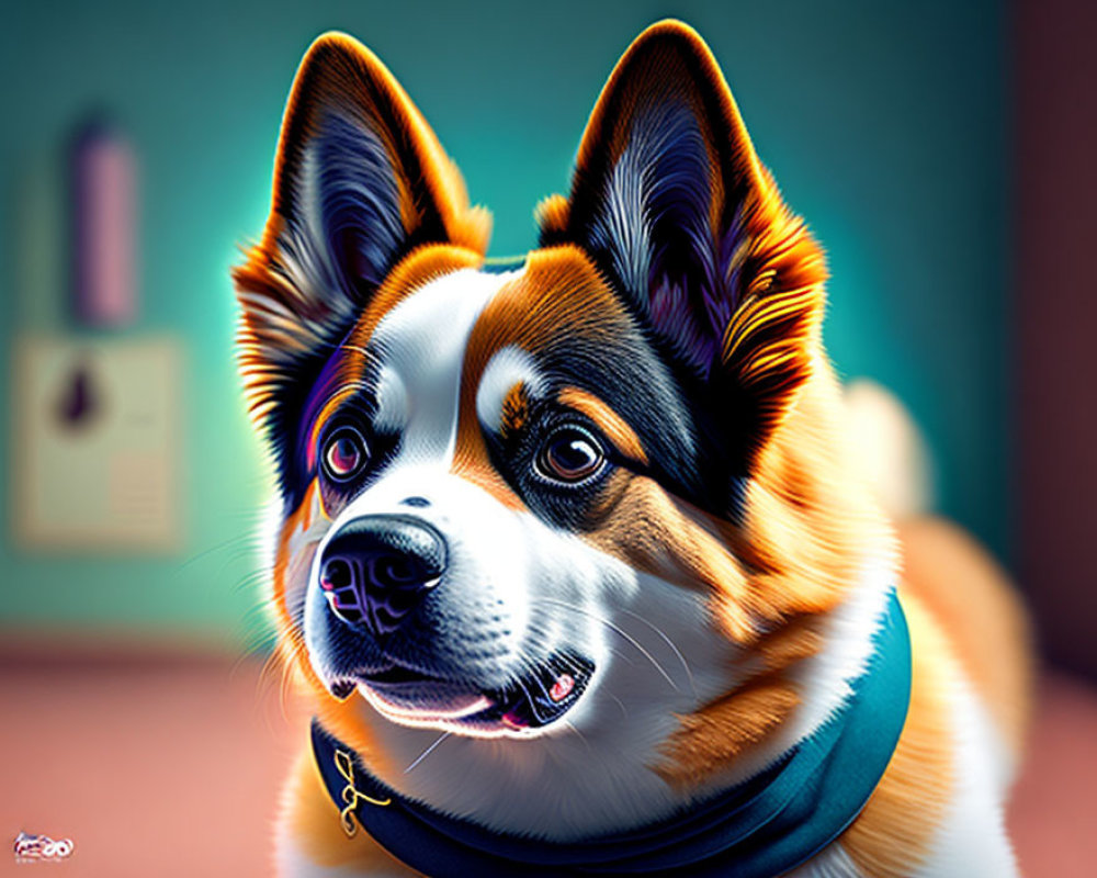 Vibrant Corgi digital art with bright eyes and blue collar on blurred room backdrop