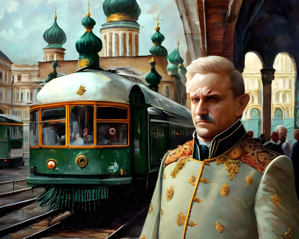 Stoic man in military uniform with classical architecture backdrop