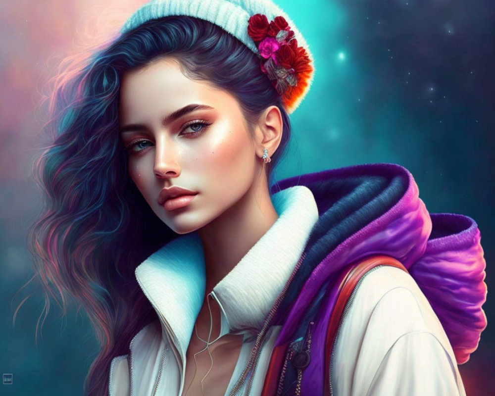 Portrait of young woman with blue eyes in floral beanie and purple jacket