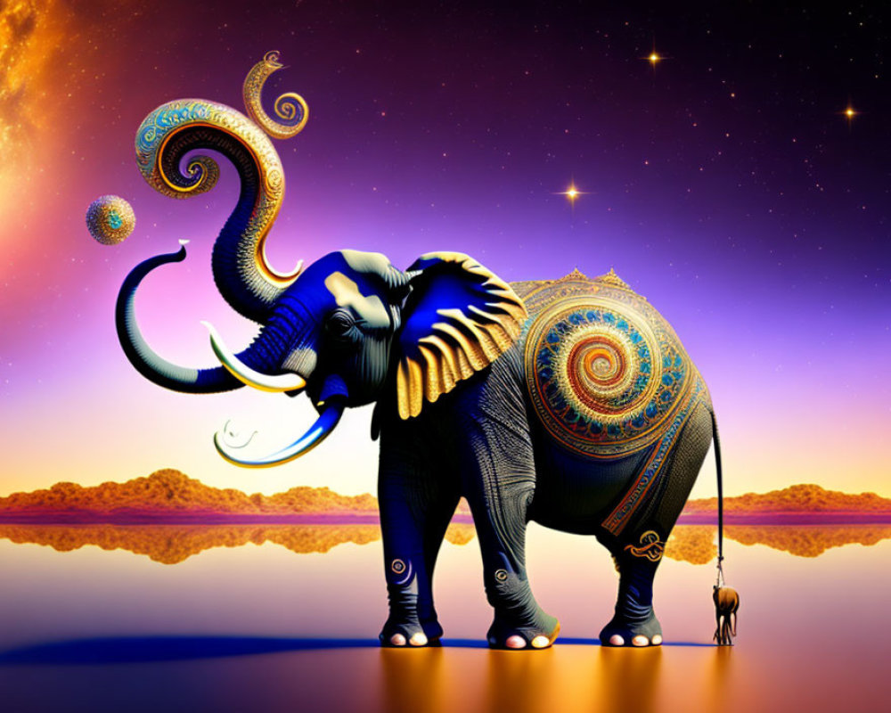 Decorative Elephant by Water at Twilight Sky