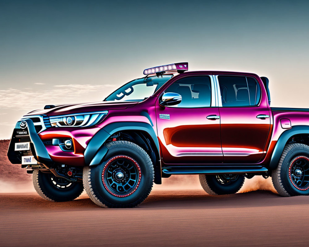 Custom Metallic Red Pickup Truck with Off-Road Mods on Sandy Surface