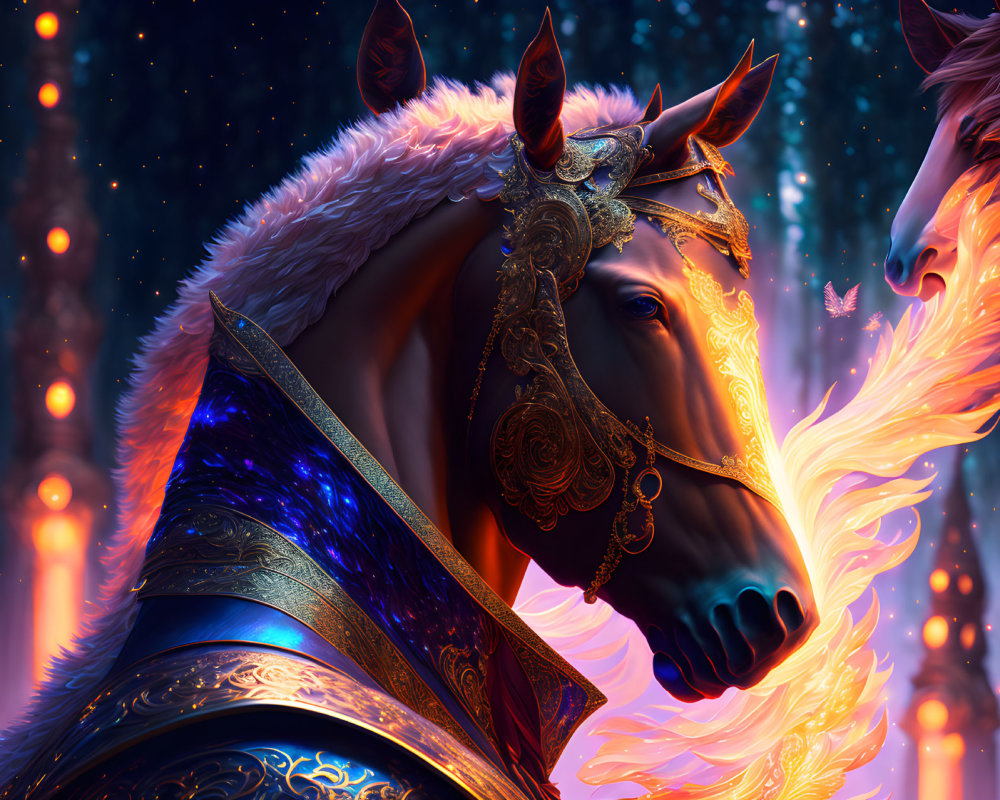 Majestic horse and fiery figure in mystical night scene