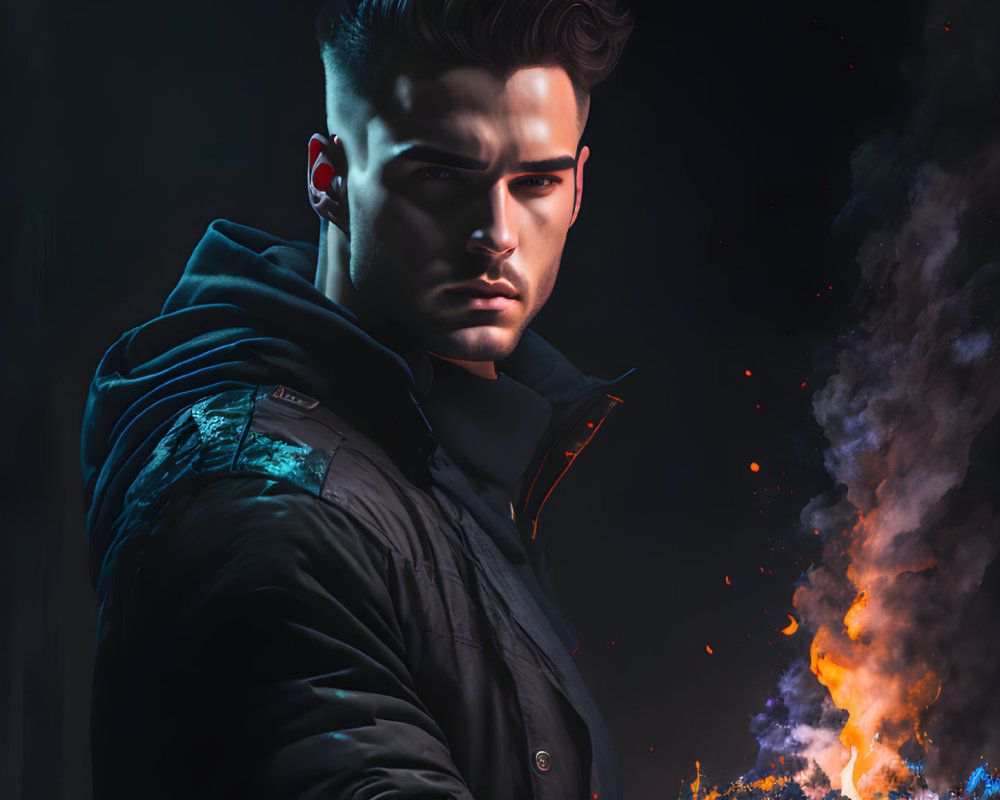 Serious man holding flaming skillet in dark background