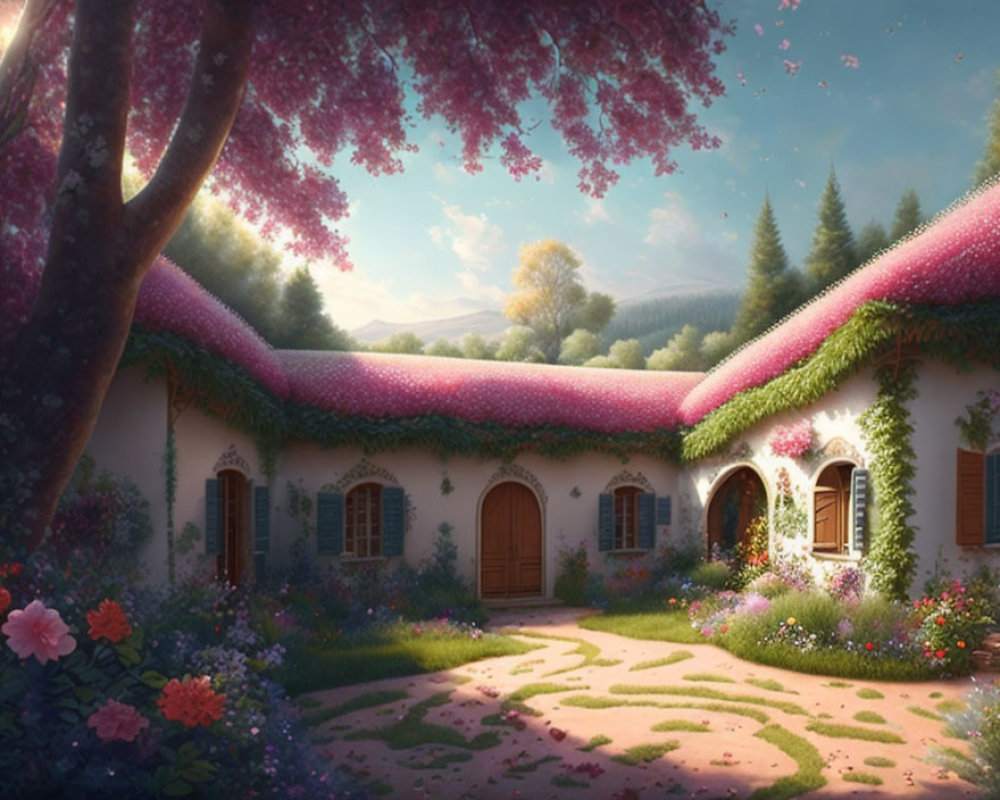 Tranquil Cottage with Pink Flowering Vine Canopy