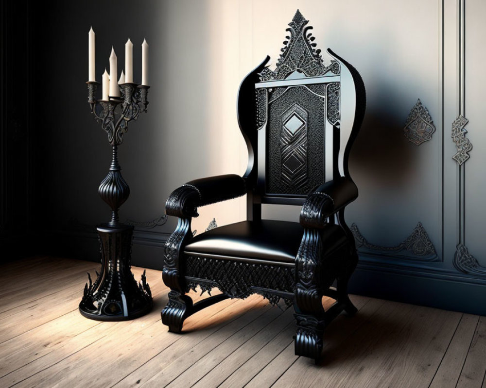 Intricate Gothic-style Black Armchair in Dimly Lit Room