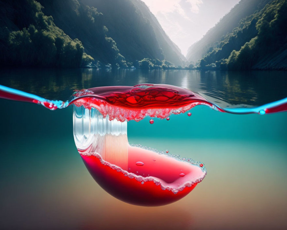 Digital Artwork: Wine Glass in Water with River and Cliff Background