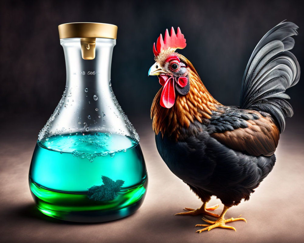 Colorful Rooster Beside Glass Flask with Blue Liquid and Leaf