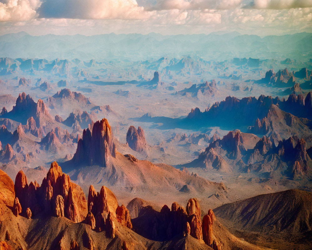 Rugged desert landscape with jagged rock formations at sunset