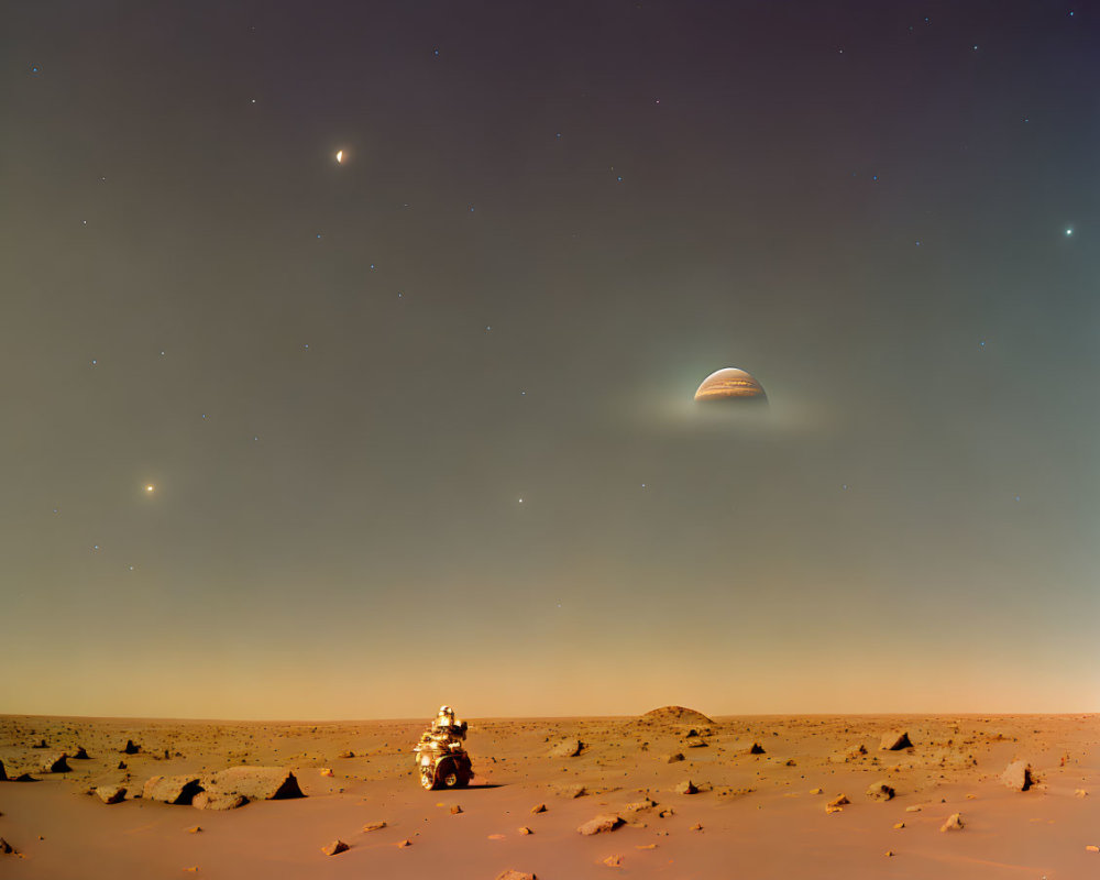 Mars rover explores barren landscape under crescent moon