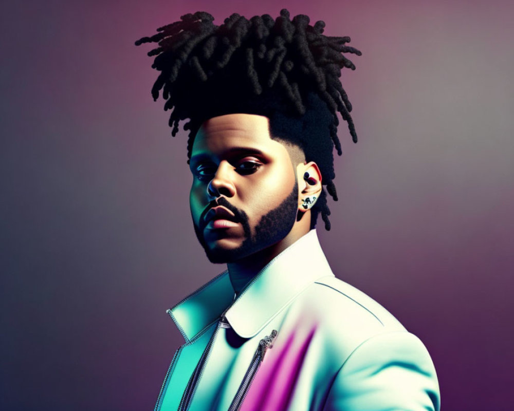 Man in Sharp Blue Suit with Distinct Hairstyle and Beard on Purple Gradient Background