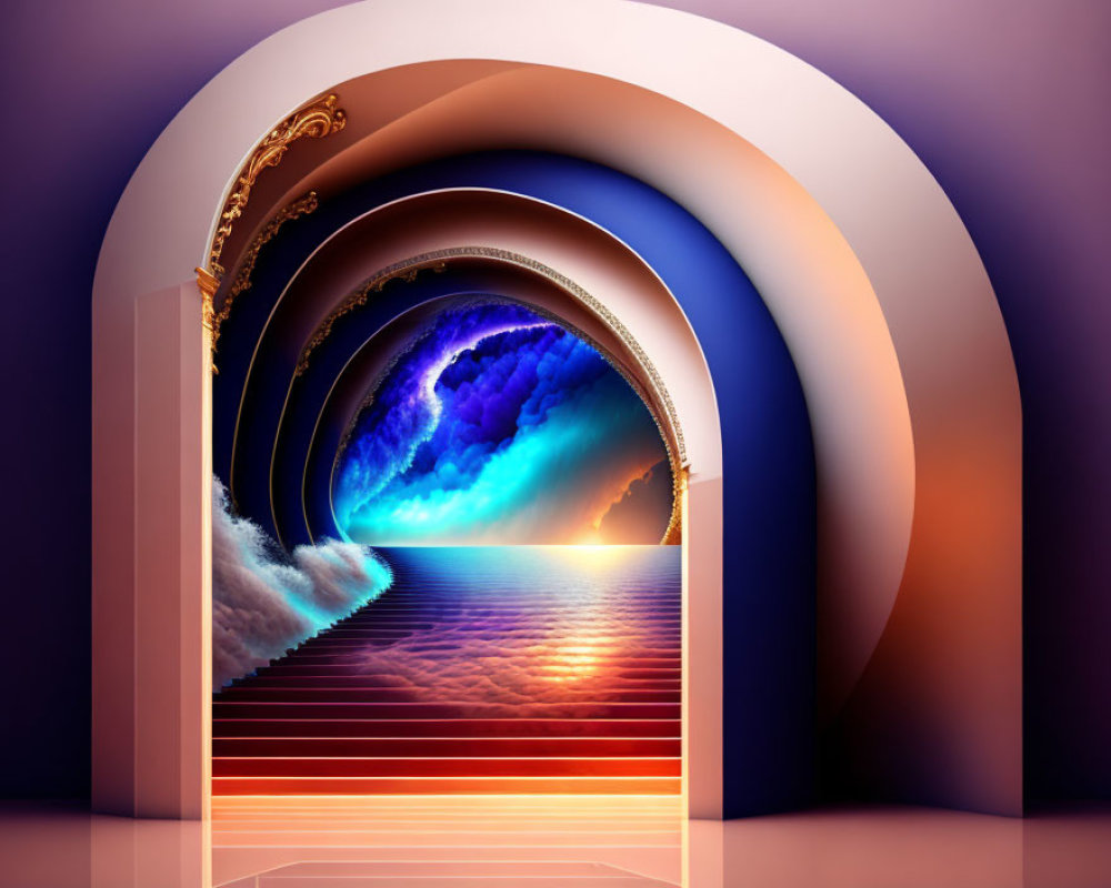 Surreal digital art: Layered arches with sky, clouds, ocean in sunset horizon