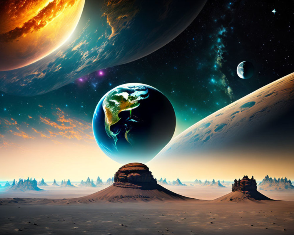 Vibrant sci-fi landscape with earth-like planet, orange planet, moon, and starry space