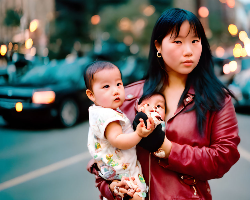 Woman in Red Jacket Holding Baby on City Street with Blurred Cars