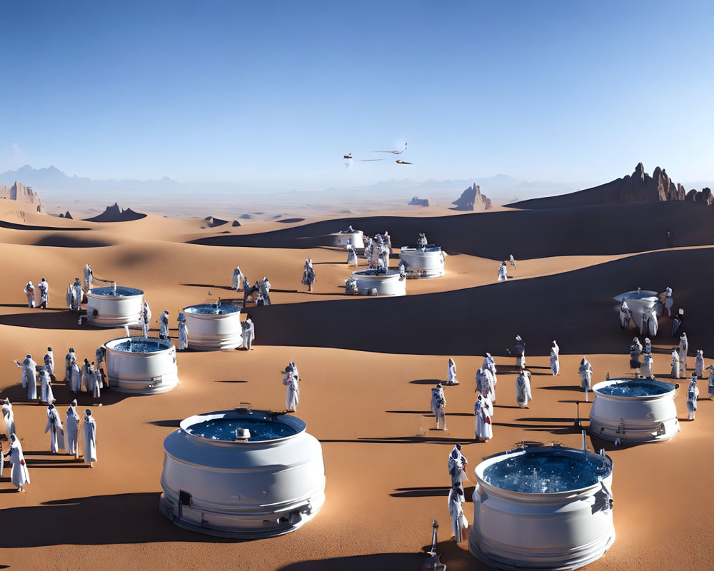 Futuristic desert landscape with people in white suits and flying vehicles