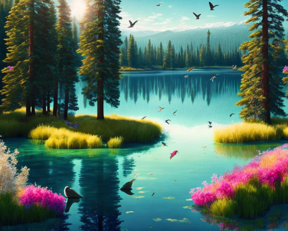 Tranquil lake with pine trees, birds, swan, and vibrant flowers