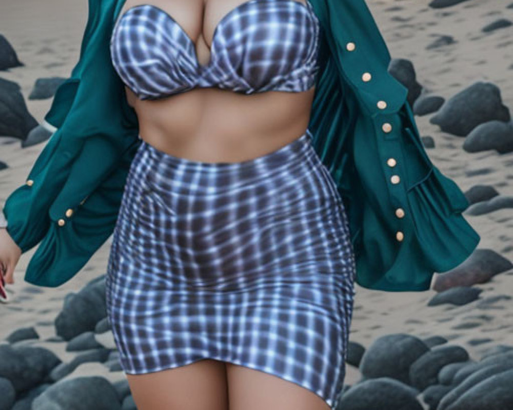 Tattooed woman in plaid dress on rocky beach with palm trees