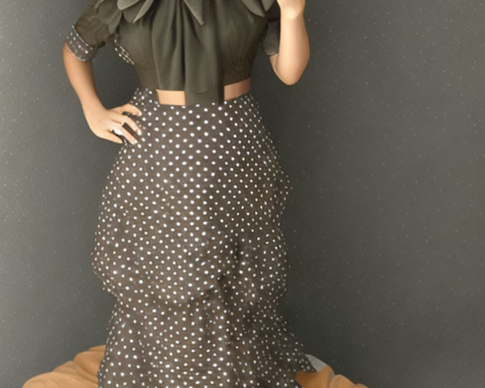 Woman in Green Ruffled Blouse & Polka-dot Fishtail Skirt