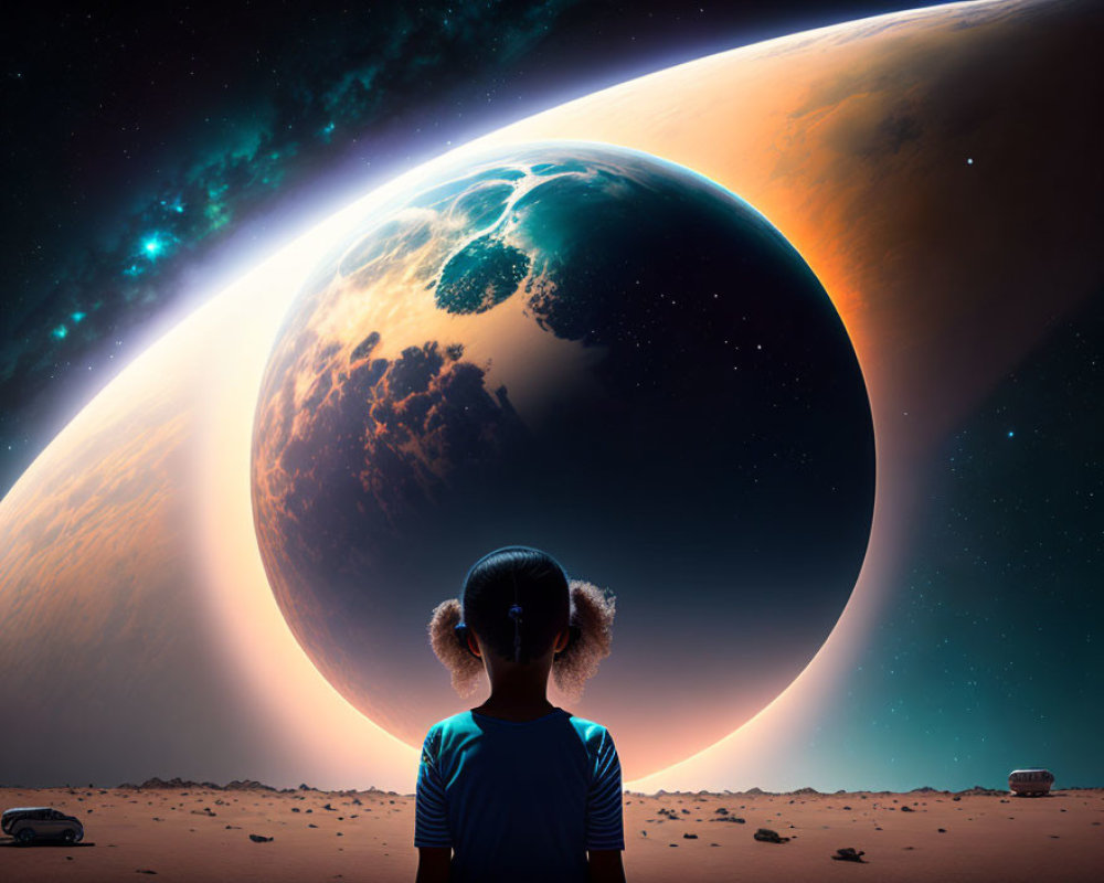 Child observing massive planet on barren landscape
