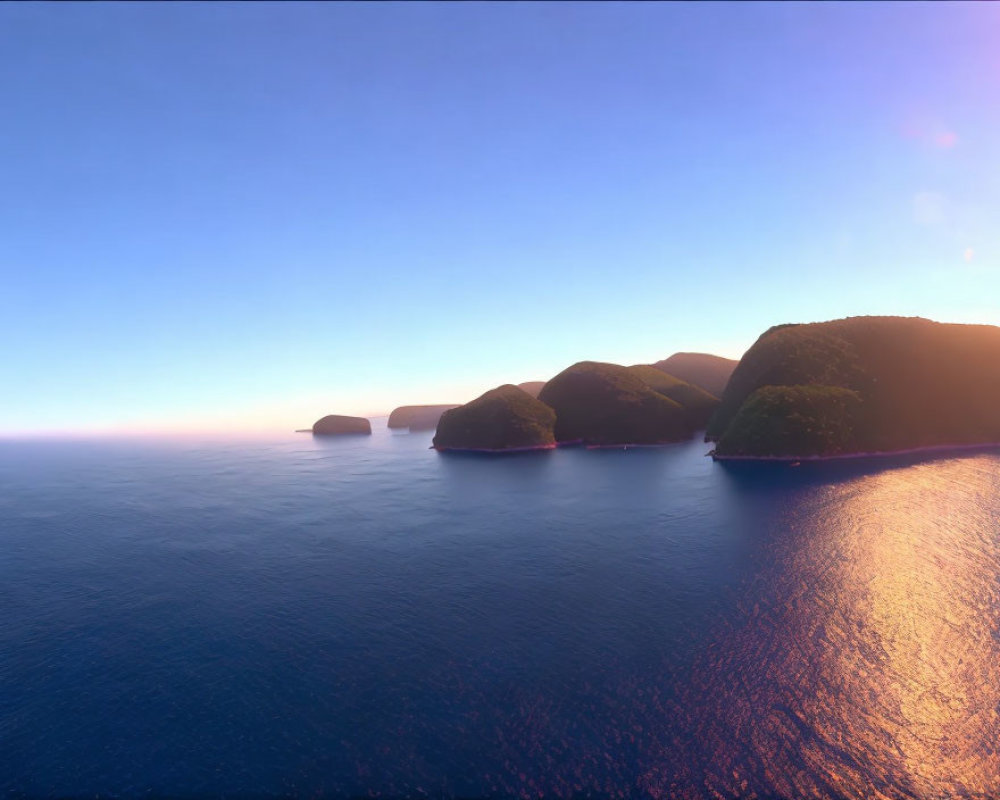 Tranquil seascape with green islands under clear sky at sunrise or sunset