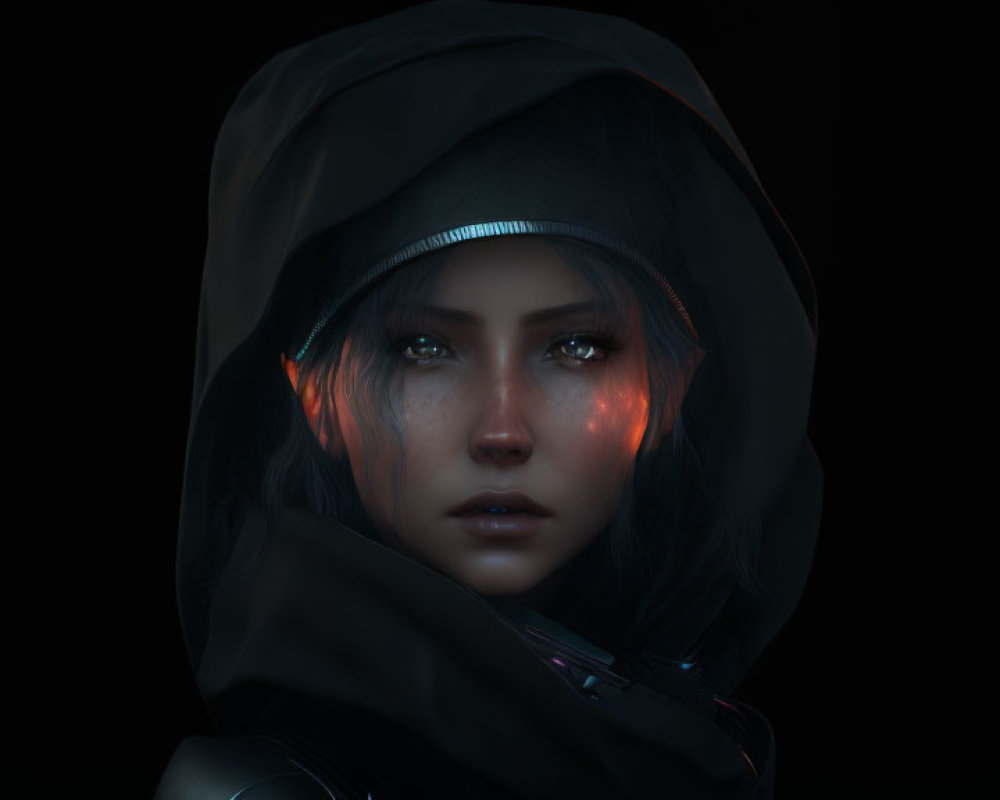 Mysterious figure with glowing red eyes in dark hooded cloak