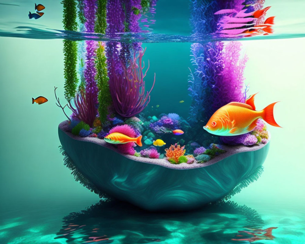 Colorful fish and coral in floating half-sphere mirroring serene underwater scene.