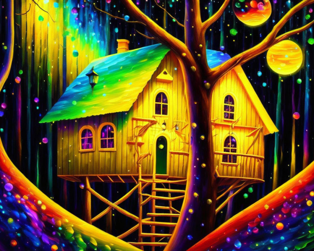 Colorful Painting of Whimsical Treehouse in Starry Sky