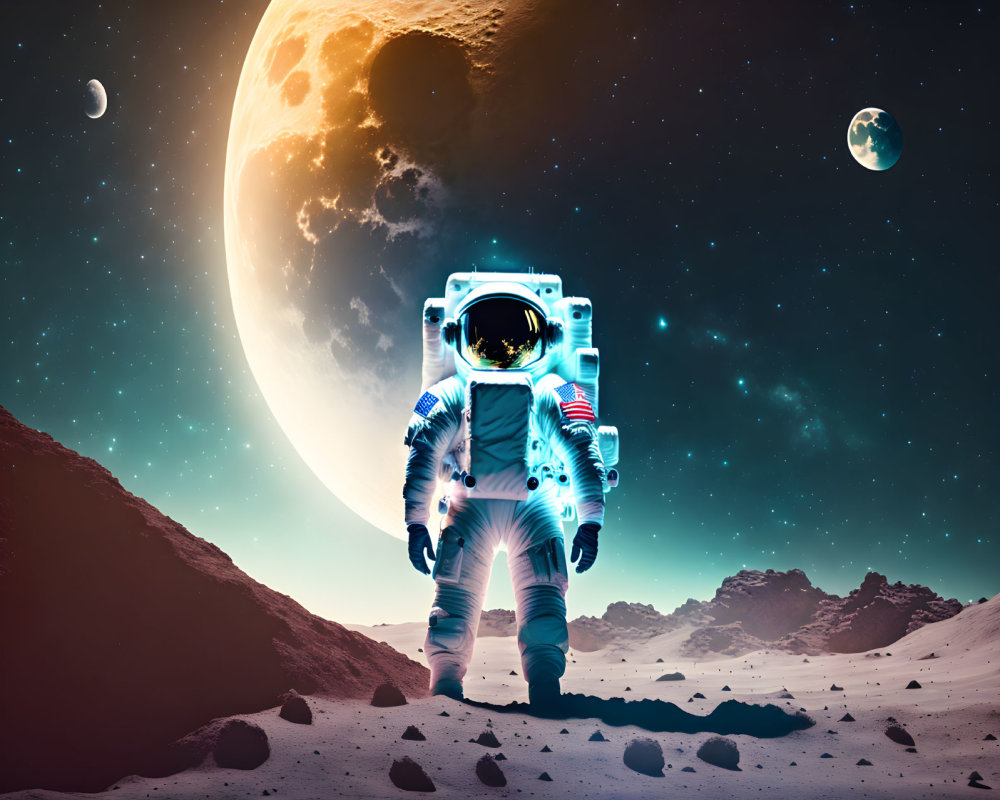 Astronaut on rocky alien planet with celestial bodies and starry sky