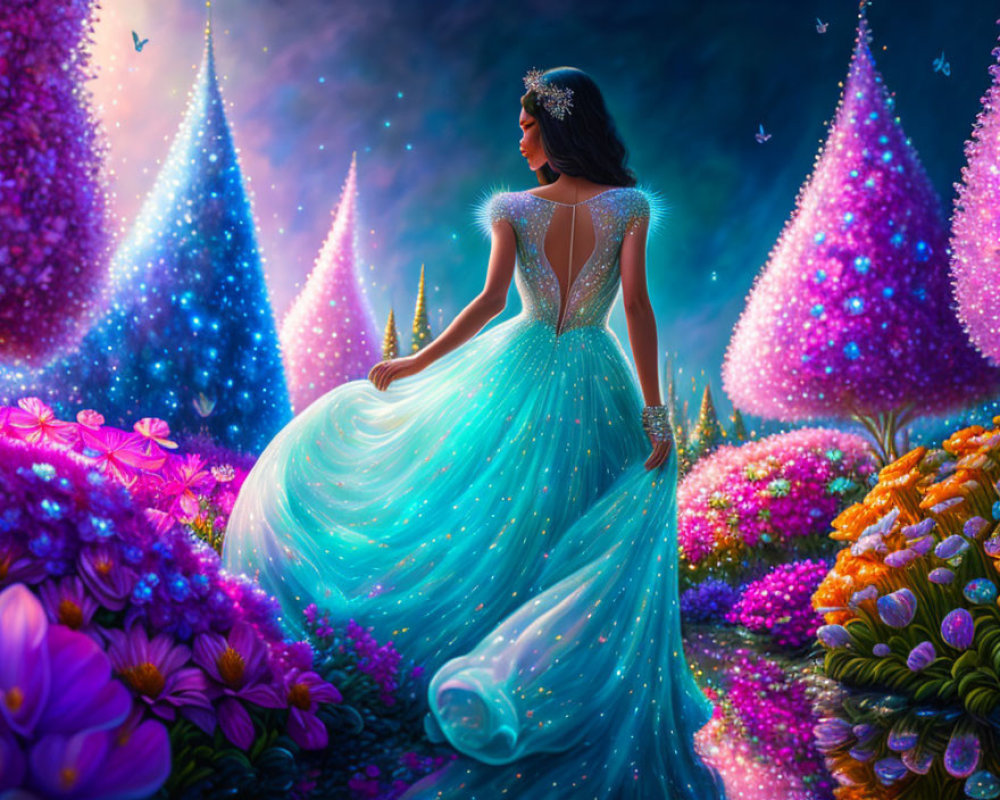 Woman in Sparkling Blue Gown in Enchanted Garden with Glowing Flowers