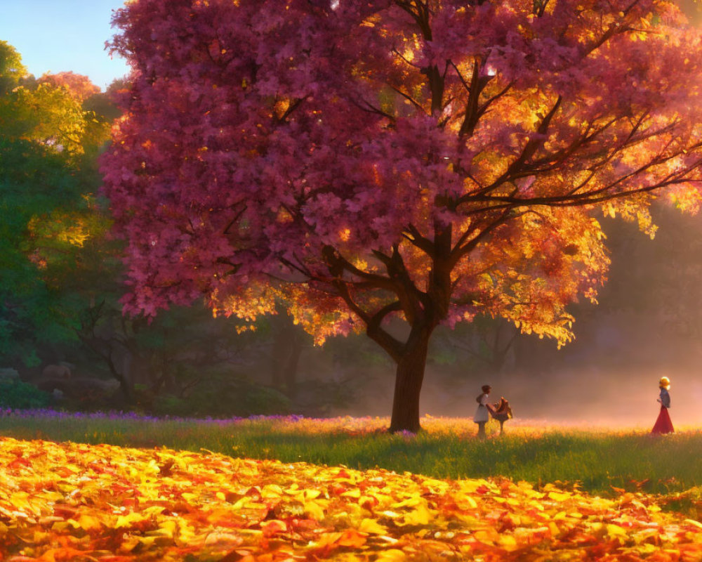 Pink cherry blossom tree and golden leaves scene with two people in misty park
